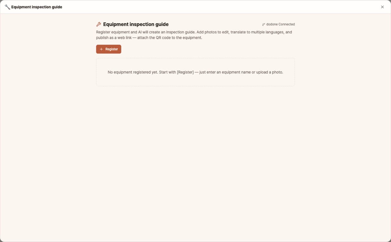 Guide d'inspection des équipements — Écran d'accueil de l'application
