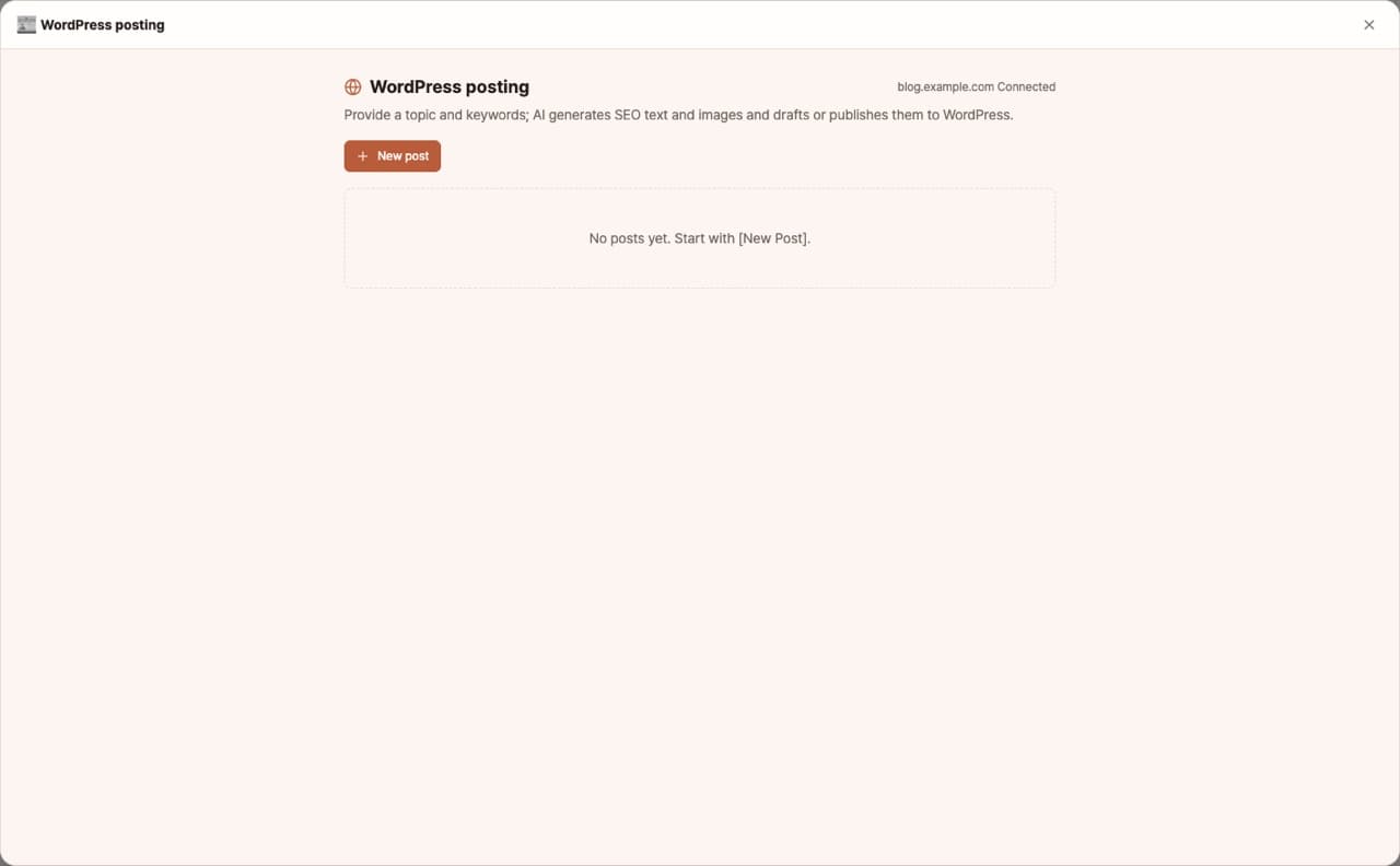 Publication sur WordPress — Écran d'accueil de l'application