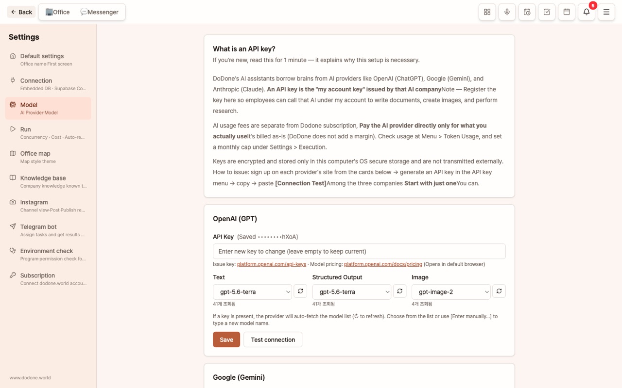 Settings > Models — Keys by Provider and Models by Purpose